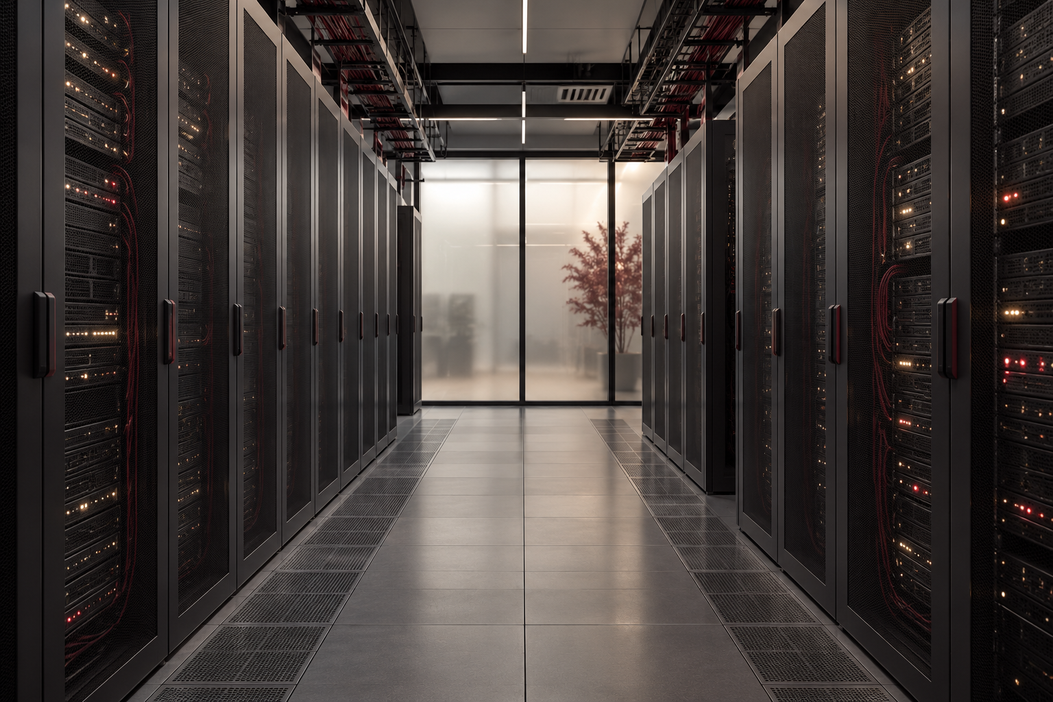 An aisle of server racks in a modern data centre
